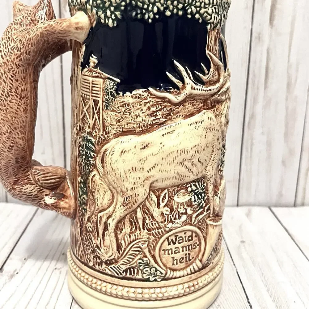 Vintage GERZ German BEER STEIN w/o Lid, Hunting Theme, Fox Handle... Beautiful